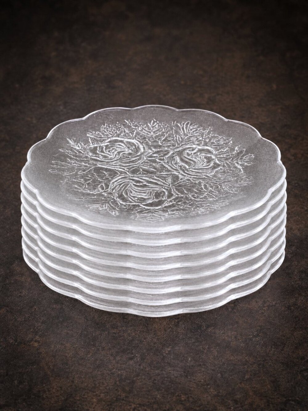 Pasari Crystal Livia Collection Plates | Set of 8 Floral Pressed Glass Indonesia